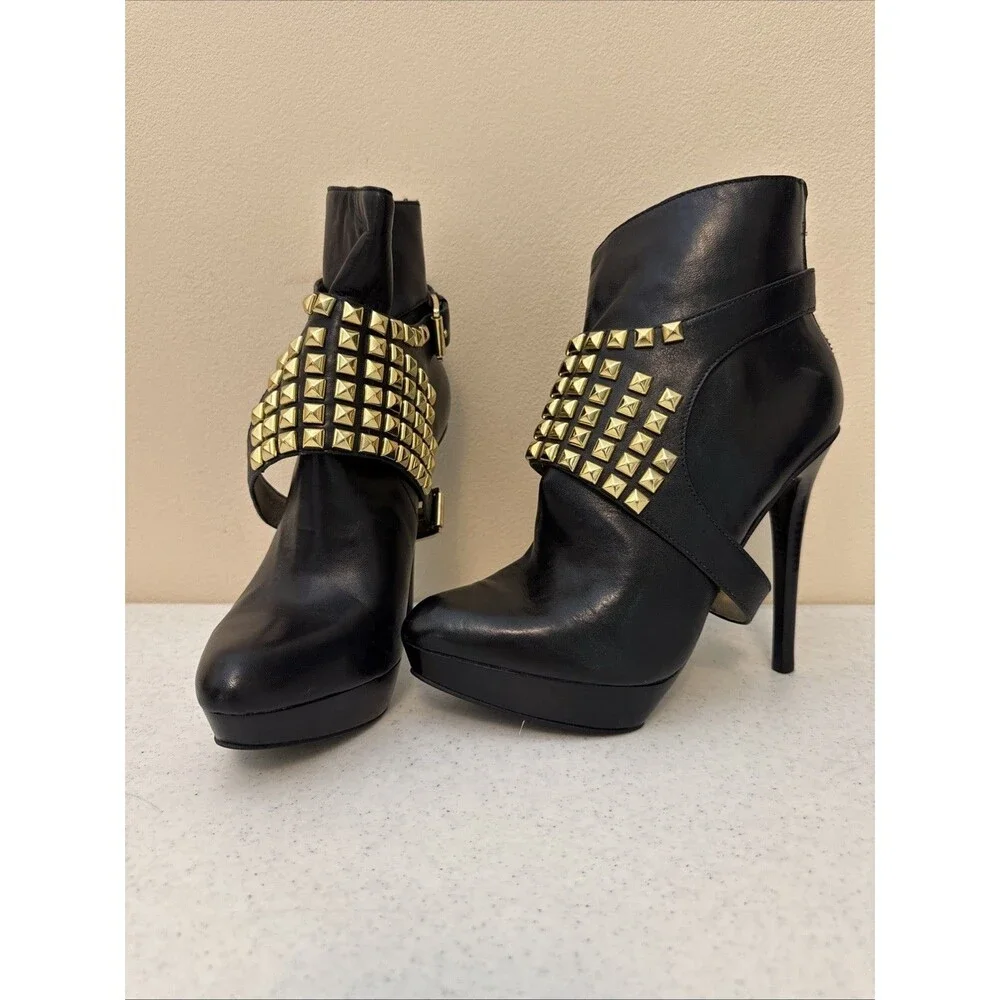 Michael By Michael Kors Rock And Roll Booties Black Leather & Gunmetal Studs 8M